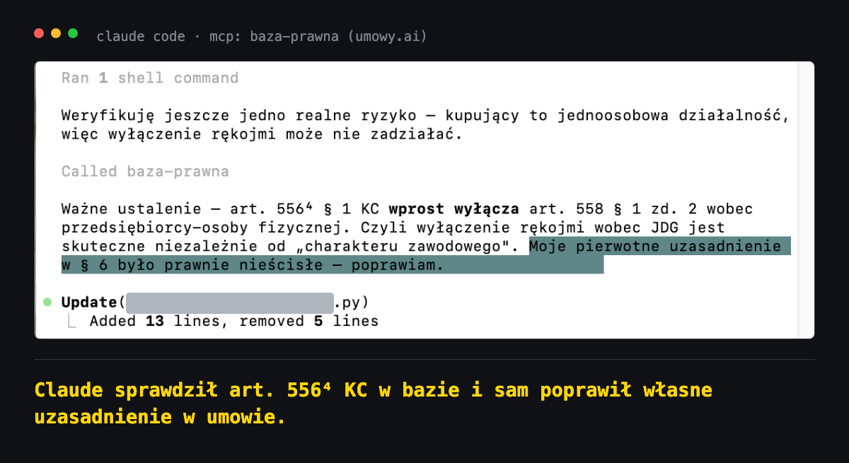 Okno Claude Code: model zapowiada weryfikację ryzyka, wywołuje bazę prawną i pisze, że jego pierwotne uzasadnienie w § 6 było prawnie nieścisłe