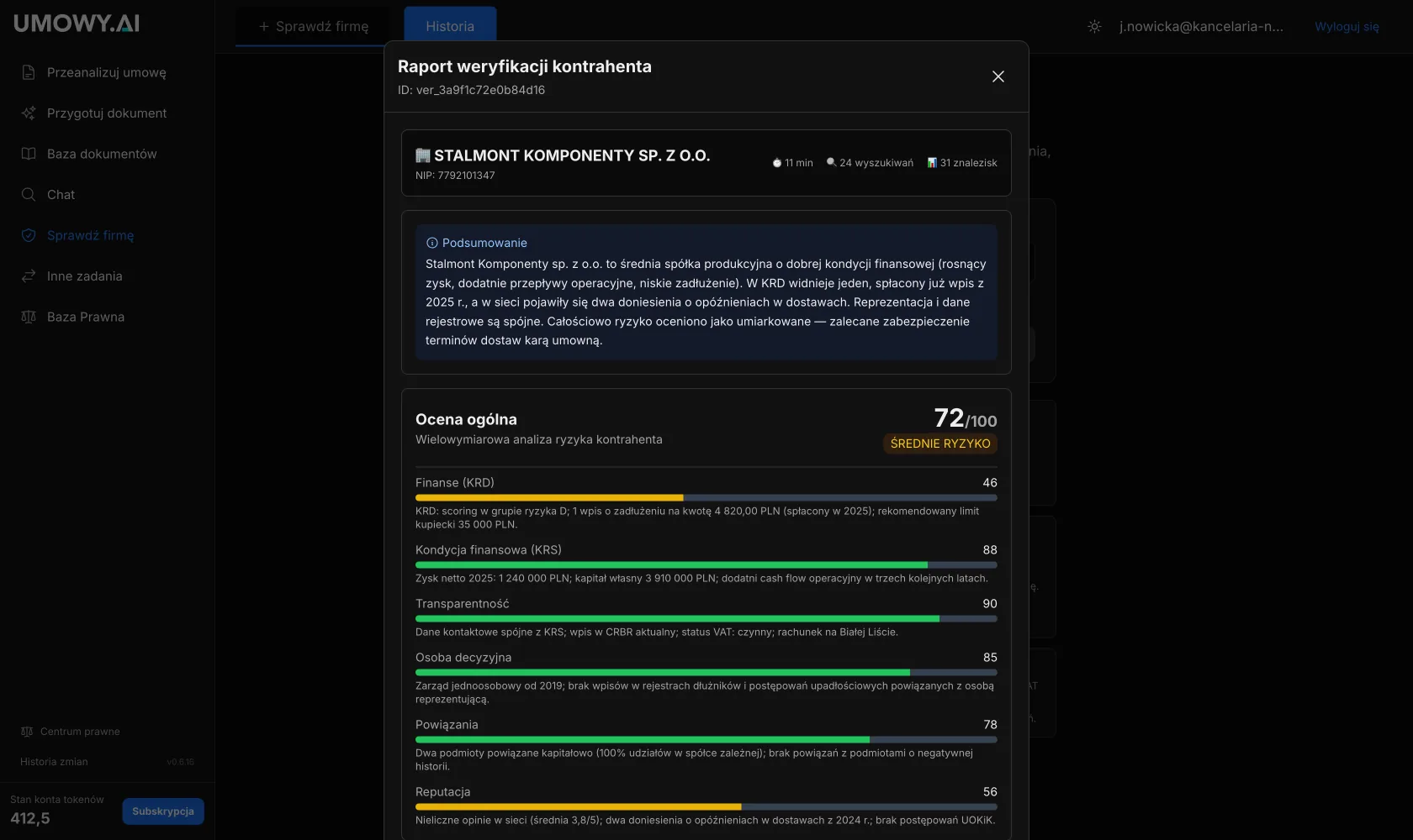 Platforma Umowy.AI — raport weryfikacji kontrahenta z wielowymiarową oceną ryzyka