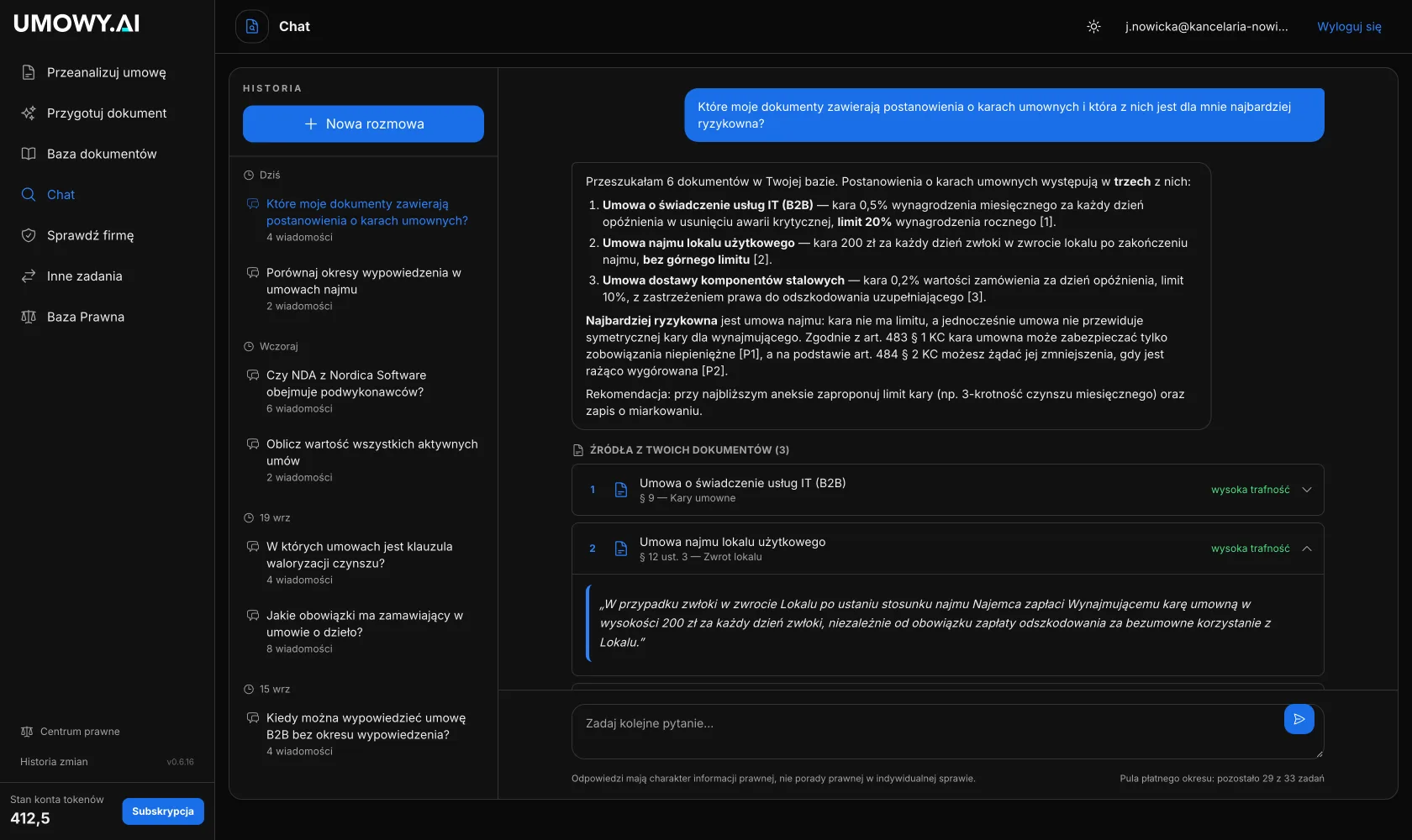 Platforma Umowy.AI — chat z dokumentami: odpowiedź o karach umownych ze źródłami z umów i przepisami Kodeksu cywilnego