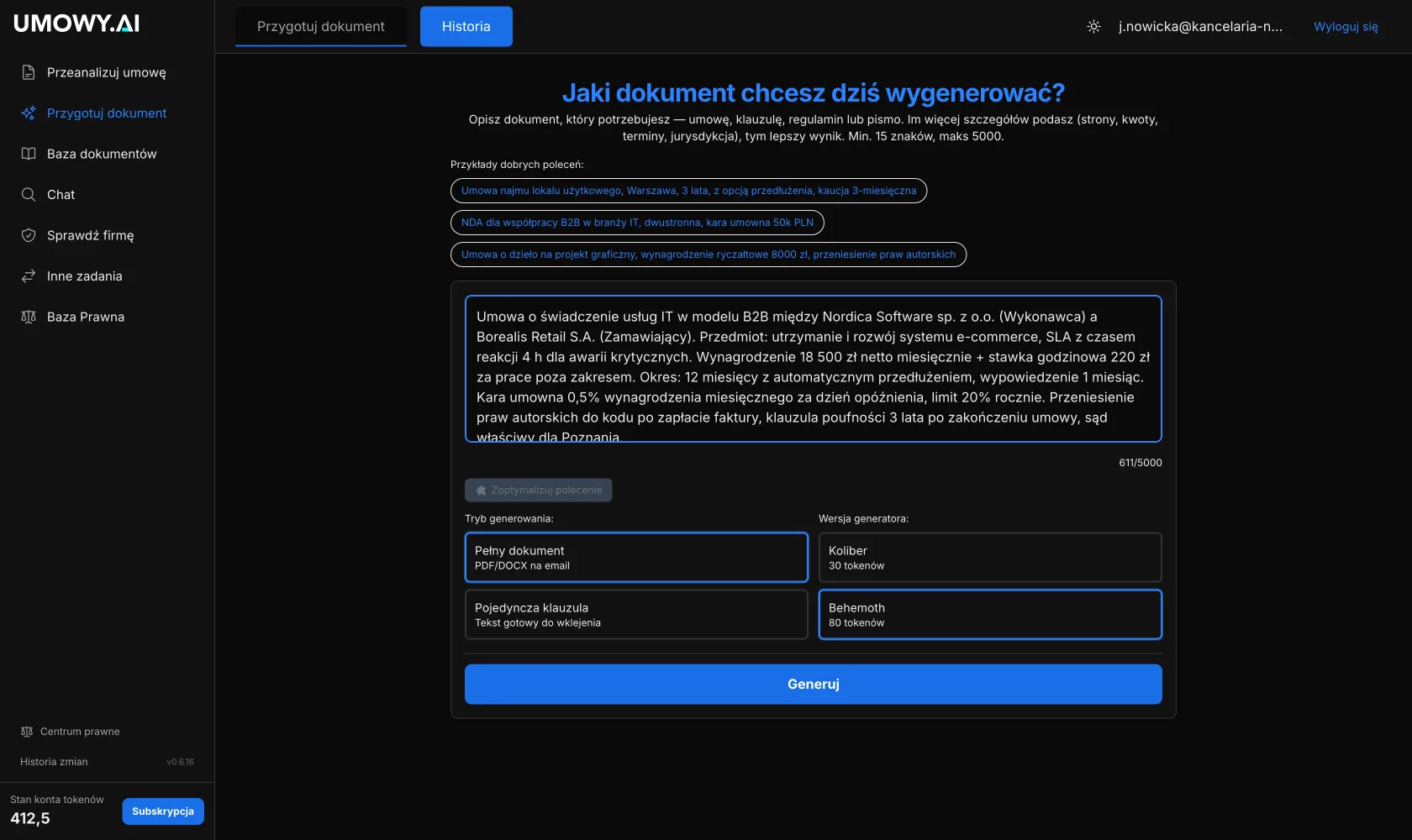 Platforma Umowy.AI — generator dokumentów z opisem umowy B2B i wyborem trybu Behemoth